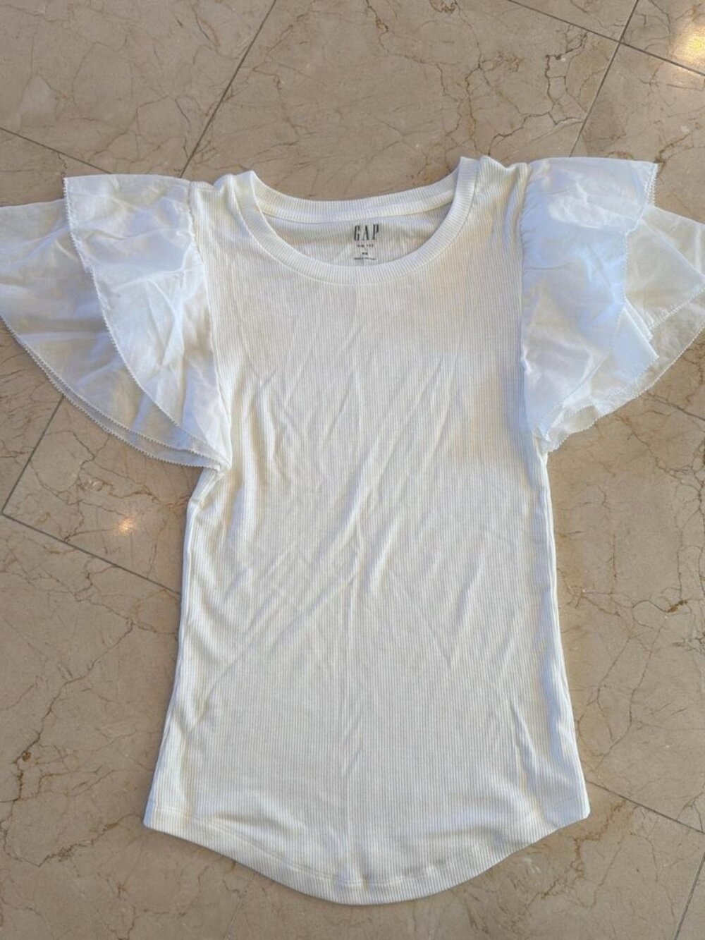 White Ribbed Flutter Sleeve Top